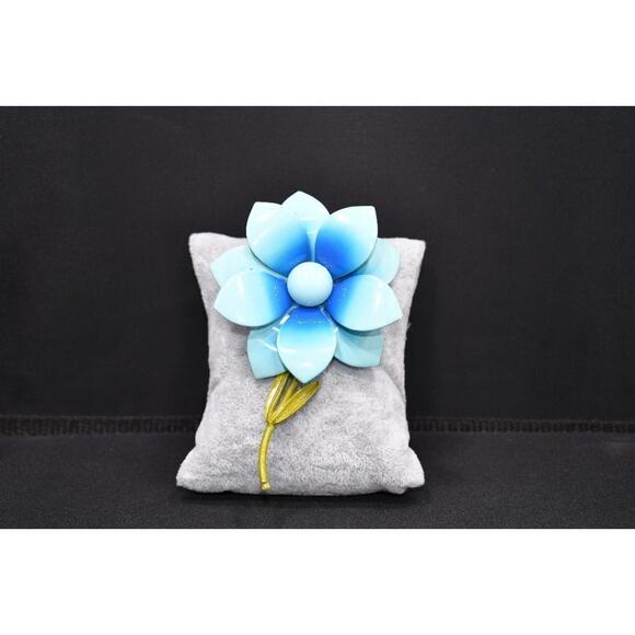 Vintage Blue Enamel Metal Flower Green Stem Brooch, 1960s, 3 3/4 Inches - Picture 1 of 10